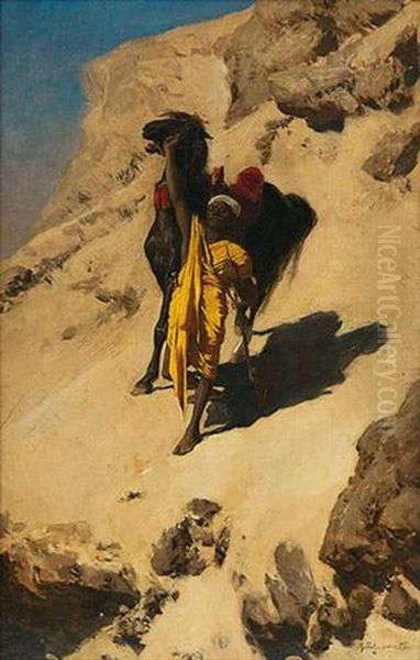 Nomade Et Cheval Arabe Dans Le Desert Oil Painting by Robert Poetzelberger