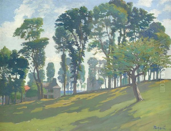 A Treelined Landscape Oil Painting by Gustave Poetzsch