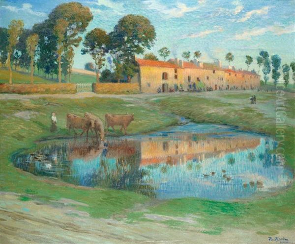 Landscape With Cattle Drinking, Yssingeaux Oil Painting by Gustave Poetzsch