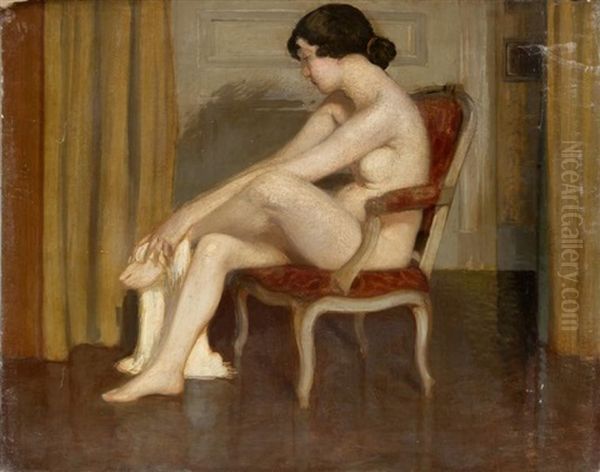 Nu Assis Au Fauteuil Rouge; Nu Au Tub; Jeune Deshabille (3 Works) Oil Painting by Gustave Poetzsch