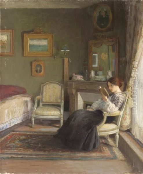 Jeune Femme Lisant Dans Un Interieur Oil Painting by Gustave Poetzsch