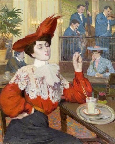 Elegante Au Cafe Oil Painting by Gustave Poetzsch