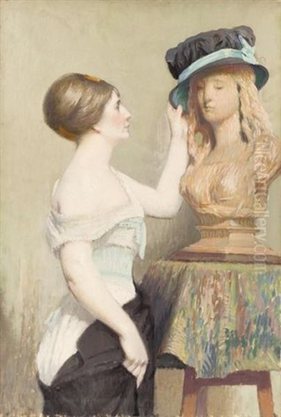 Jeune Femme Coifffant Une Statue Oil Painting by Gustave Poetzsch