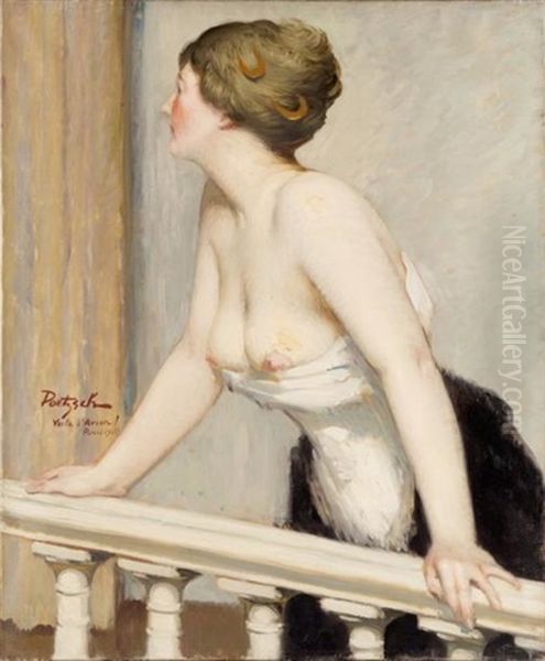 Nu A La Balustrade (voila L'avion) Oil Painting by Gustave Poetzsch