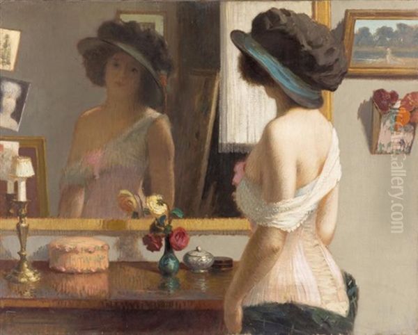 Jeune Fille En Guepiere Au Miroir Oil Painting by Gustave Poetzsch