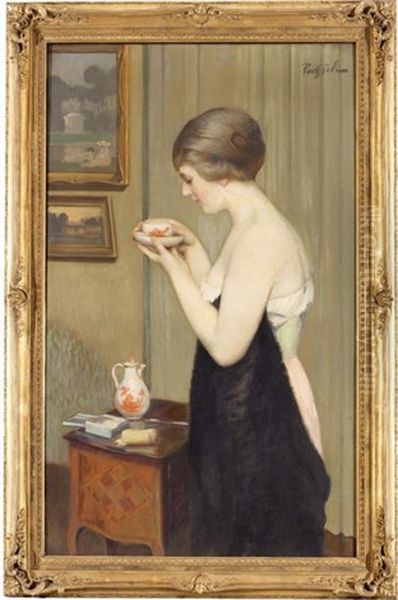 Jeune Femme Buvant Une Tasse De The Oil Painting by Gustave Poetzsch