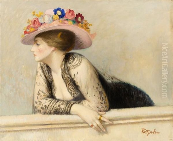 Elegante Au Chapeau A Fleurs Oil Painting by Gustave Poetzsch