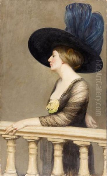 Elegante Au Chapeau Bleu S'appuyant Sur Une Balustrade by Gustave Poetzsch