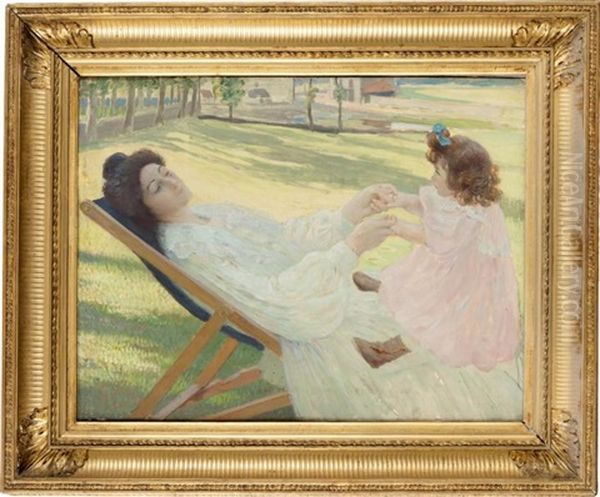 Mere Dans Une Chaise Longue Jouant Avec Sa Petite Fille by Gustave Poetzsch