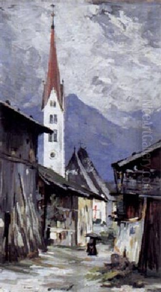 Blick Auf Das Kirchdorf Mieders Im Stubaital Oil Painting by Paul Rudolf Heinrich Poetzsch