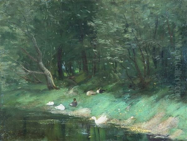 Ducks On A Riverbank Oil Painting by Geo Poggenbeek