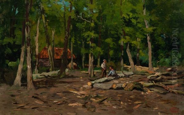 Woodcutters Oil Painting by Geo Poggenbeek