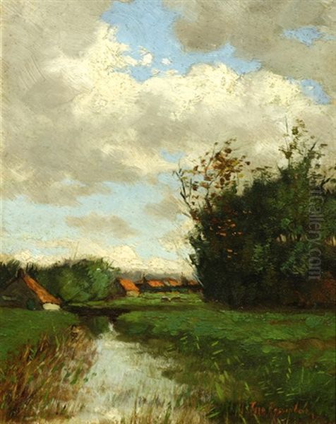 Farms In A Polder Landscape Oil Painting by Geo Poggenbeek