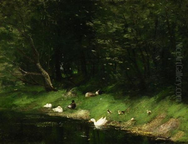 Enten Mit Kuken Am Bewaldeten Ufer Eines Teiches Oil Painting by Geo Poggenbeek