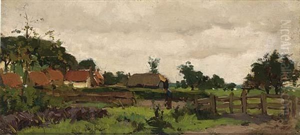 A Farmer At Work, Farmhouses Beyond Oil Painting by Geo Poggenbeek