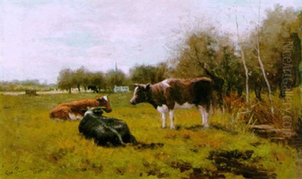 Cows At Pasture Near Kortenhoef Oil Painting by Geo Poggenbeek