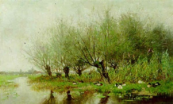 Ducks Resting Under Pollard Willows Oil Painting by Geo Poggenbeek