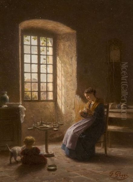 Femme Au Rouet Dans Un Interieur Oil Painting by Francois Poggi