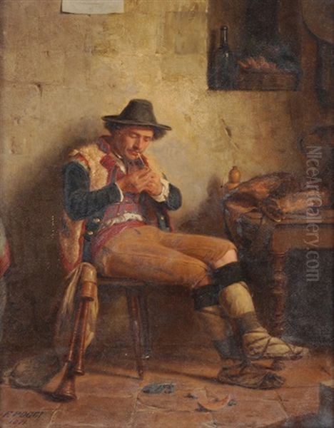 Pfeife Anzundender Mann Im Wirtshaus Oil Painting by Francois Poggi