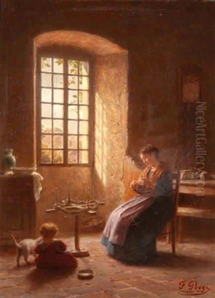 Interieur Mit Mutter Und Kind Oil Painting by Francois Poggi