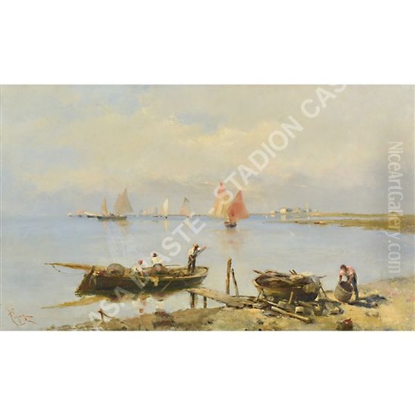 Pescatori Al Lavoro Oil Painting by Giuseppe Pogna