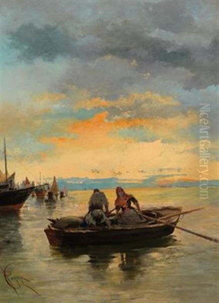 Abendstimmung Uber Einem Hafen Mit Fischerboot Im Vordergrund Oil Painting by Giuseppe Pogna