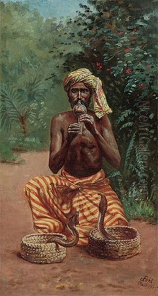 A Snake Charmer (+ A Street Entertainer, Lrgr; 2 Works) Oil Painting by Adolf Joseph Pohl