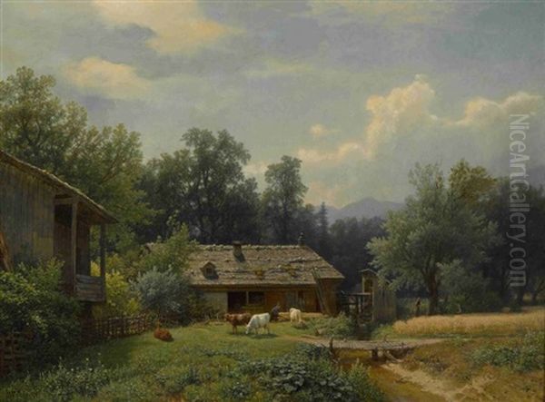 Bauerngehoft In Sommerlandschaft Oil Painting by Hermann Pohle the Elder