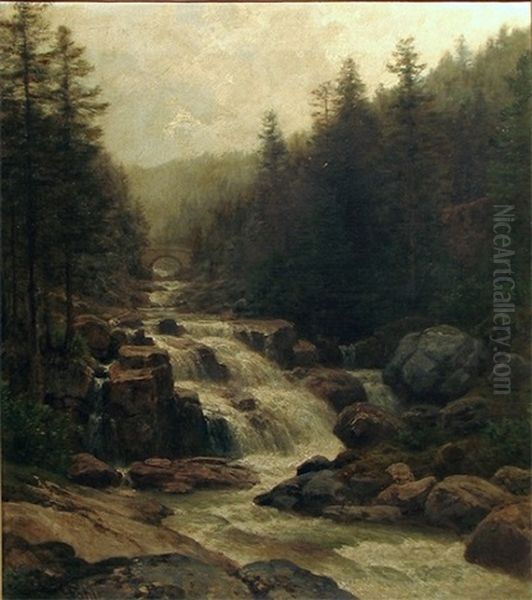 Roaring Mountain Stream Oil Painting by Hermann Pohle the Elder