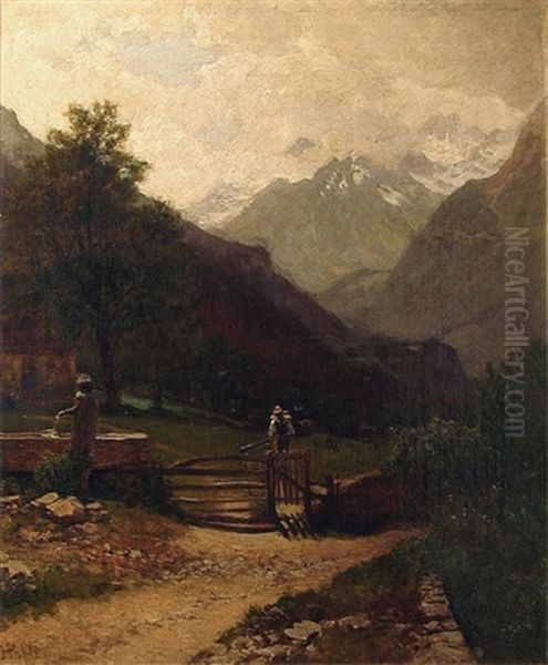 Working Figures In A Mountain Landscape Oil Painting by Hermann Pohle the Elder