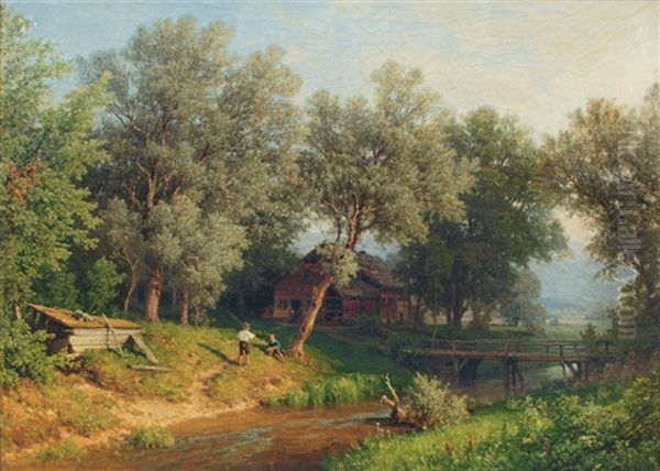 Children By The River Oil Painting by Hermann Pohle the Elder