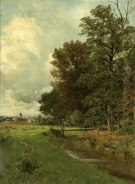 Bauerin Auf Einer Kleinen Holzbrucke Uber Einem Bach Am Waldrand, Im Hintergrund Ein Bayrisches Dorf Oil Painting by Hermann Pohle the Elder