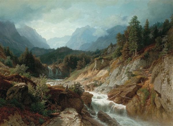 Landschaft Mit Wasserfall, Motiv Vom St. Gotthard Oil Painting by Hermann Pohle the Elder