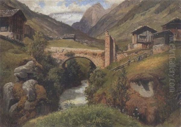 Gebirgsdorf Mit Steinbrucke Oil Painting by Hermann Pohle the Elder