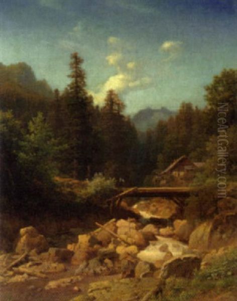 Gebirgslandschaft Mit Holzernem Steg Oil Painting by Hermann Pohle the Elder