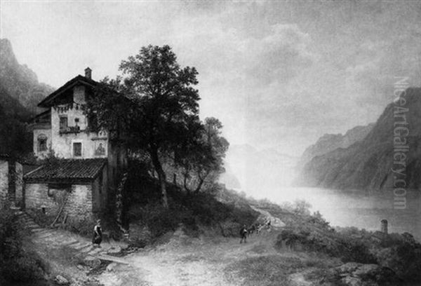 Muhle Am See In Den Alpen Oil Painting by Hermann Pohle the Elder