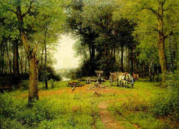 Faggot Gatherers In A Woodland Clearing Oil Painting by Hermann Pohle the Elder