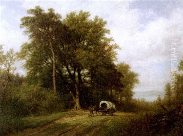 A Wagon In A Wooded Landscape Oil Painting by Hermann Emil Pohle the Younger