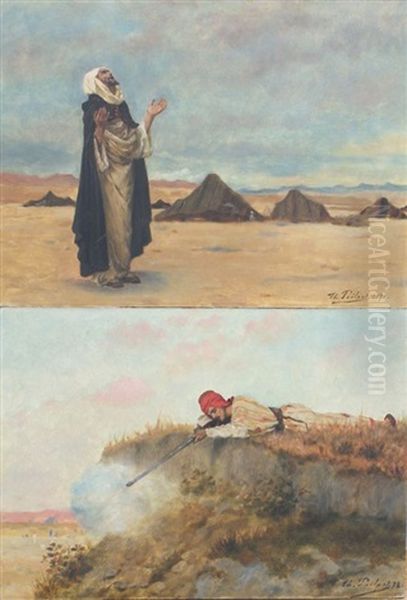 Le Chasseur (+ La Priere; Pair) Oil Painting by Theophile (fils) Poilpot