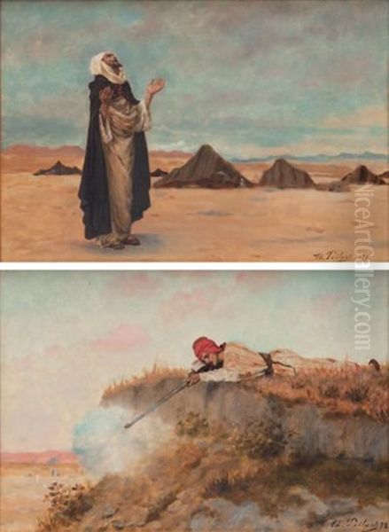 La Priere (+ Le Chasseur; Pair) Oil Painting by Theophile (fils) Poilpot