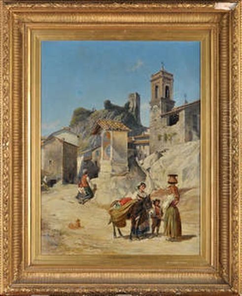 An Italian Hilltop Town With Figures At A Wayside Shrine Oil Painting by Charles H. Poingdestre