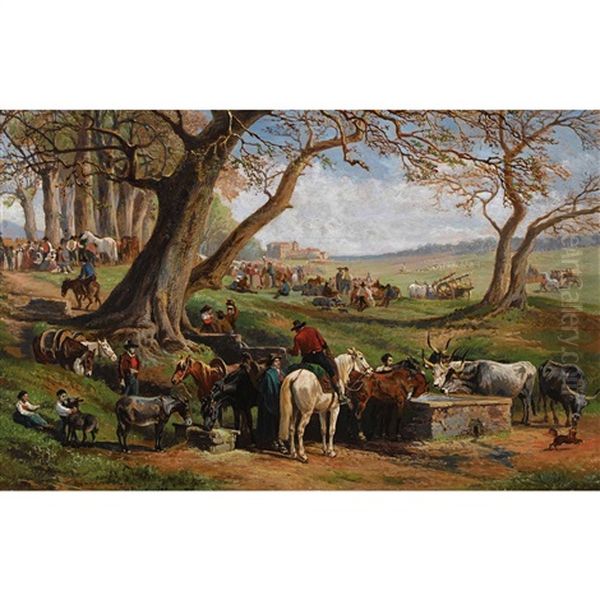 Viehmarkt In Weiter Italienischer Landschaft Oil Painting by Charles H. Poingdestre