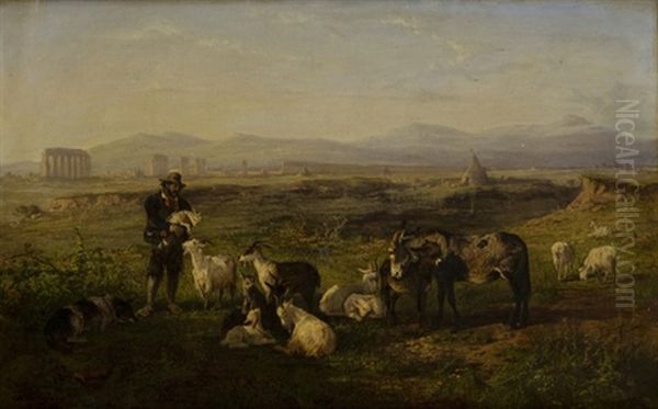 Pastore Con Animali Nei Pressi Di Un Acquedotto Nella Campagna Romana Oil Painting by Charles H. Poingdestre