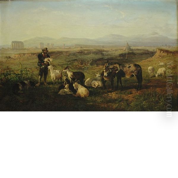 A Shepherd And His Flock At Rest Oil Painting by Charles H. Poingdestre