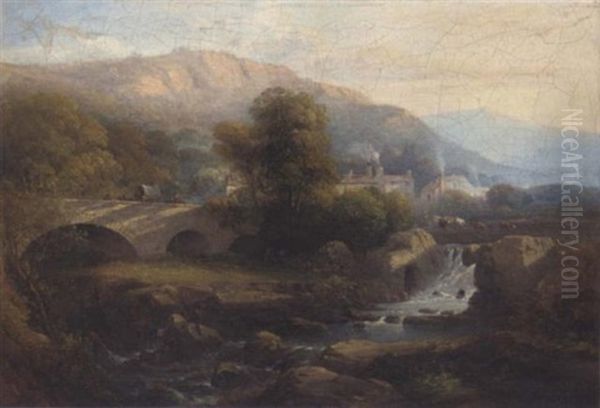 Figures On A Bridge In A Sunlit River Valley, A Village Beyond Oil Painting by Charles H. Poingdestre