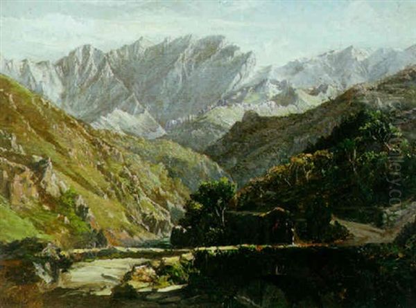 An Extensive Mountainous Landscape With A River And Footbridge In The Foreground Oil Painting by Charles H. Poingdestre