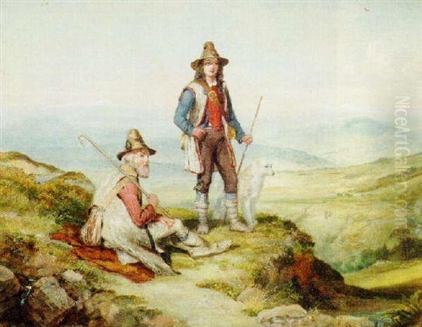 Shepherds In An Italianate Landscape Oil Painting by Charles H. Poingdestre