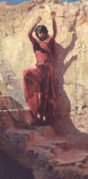 An Arab Girl Spinning Thread Oil Painting by Armand Point