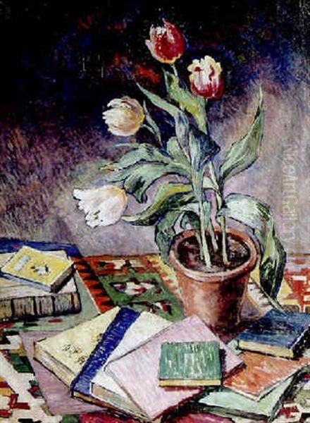 A Still Life With Flowers And Books Oil Painting by Paul Poiret