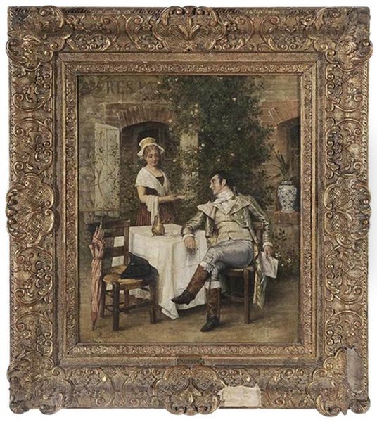 Gentleman Taking Tea In A Courtyard Oil Painting by Maurice Poirson